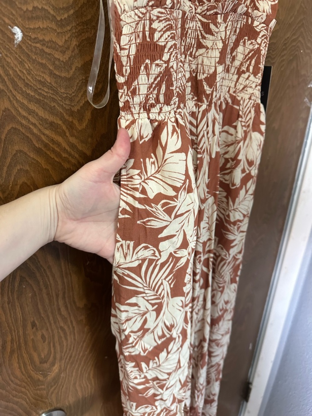 NWT Rust & White Tropical jumpsuit w/pockets Wide Flowy Legs Smocked Waist - Picture 7 of 8